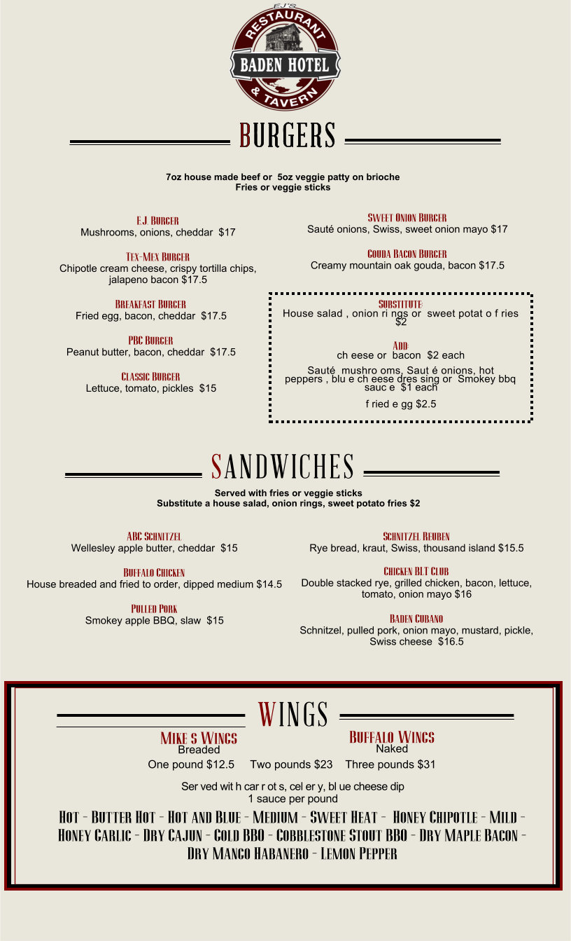 burgers and sendwiches at Baden Hotel - EJ's menu